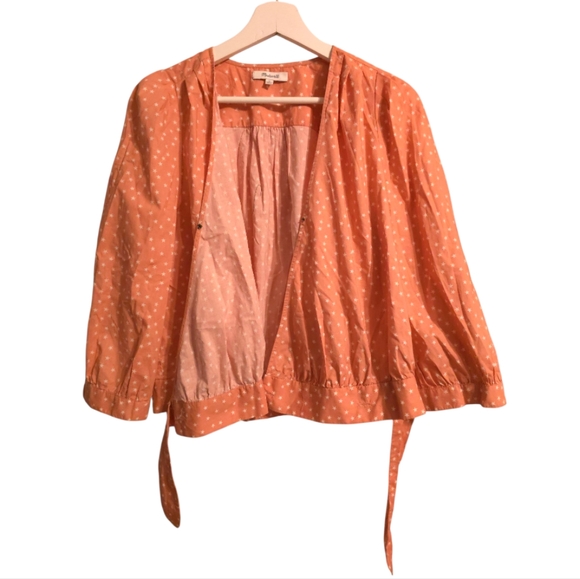 Madewell Wrap Top Blouse Size Medium Coral Star Print Quarter-Sleeve Lightweight - Picture 7 of 11